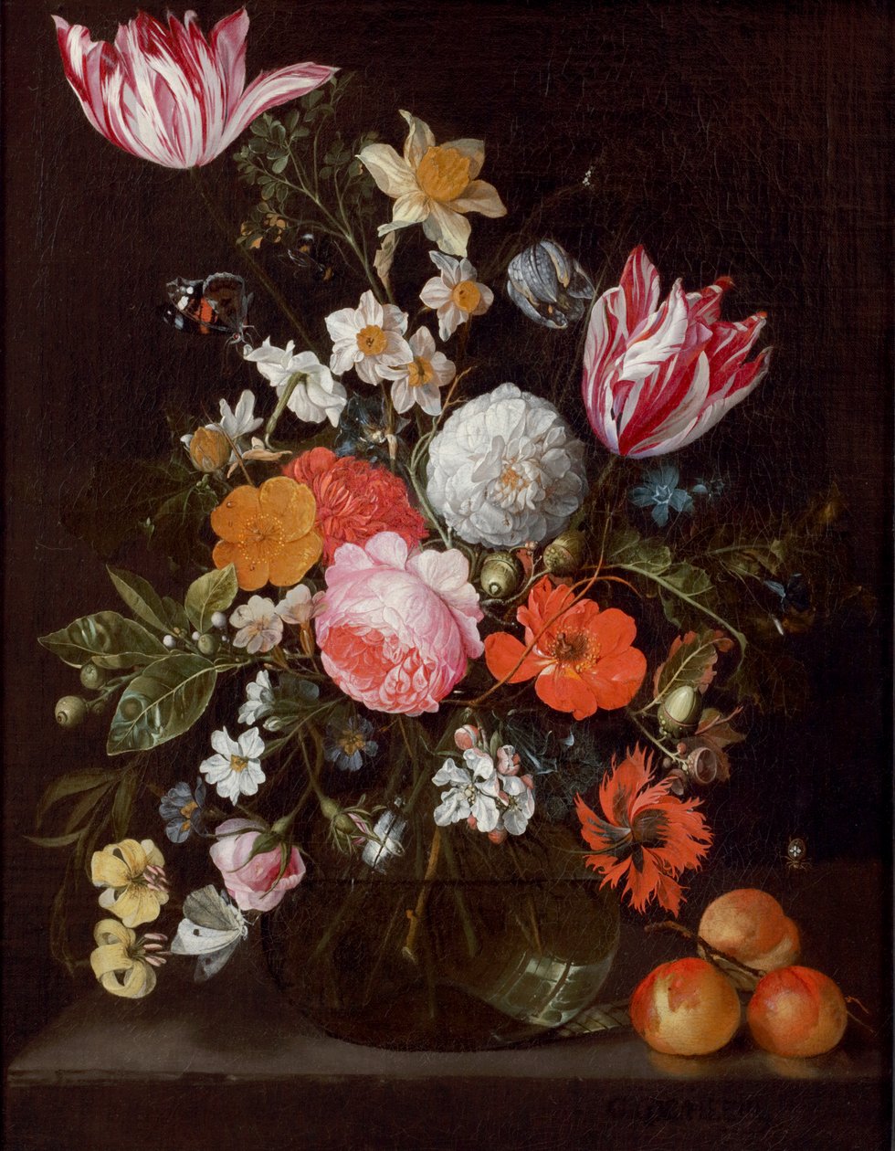 Blommor i en glasvas på en stenkant med aprikoser av Cornelis de Heem