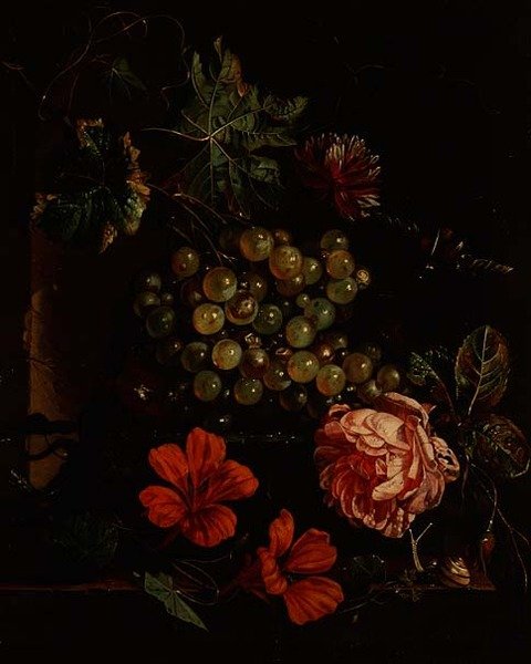 Vindruvor och blommor med skalbagge, snigel och ödla av Cornelis de Heem