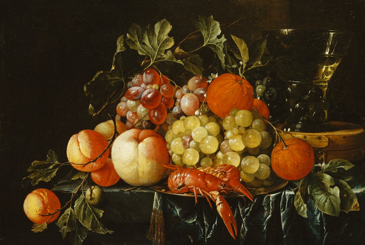 Persikor, apelsiner, vindruvor och langoustines på en tennplatta och en konisk Roemer på en låda på en delvis draperad avsats, av Cornelis de Heem