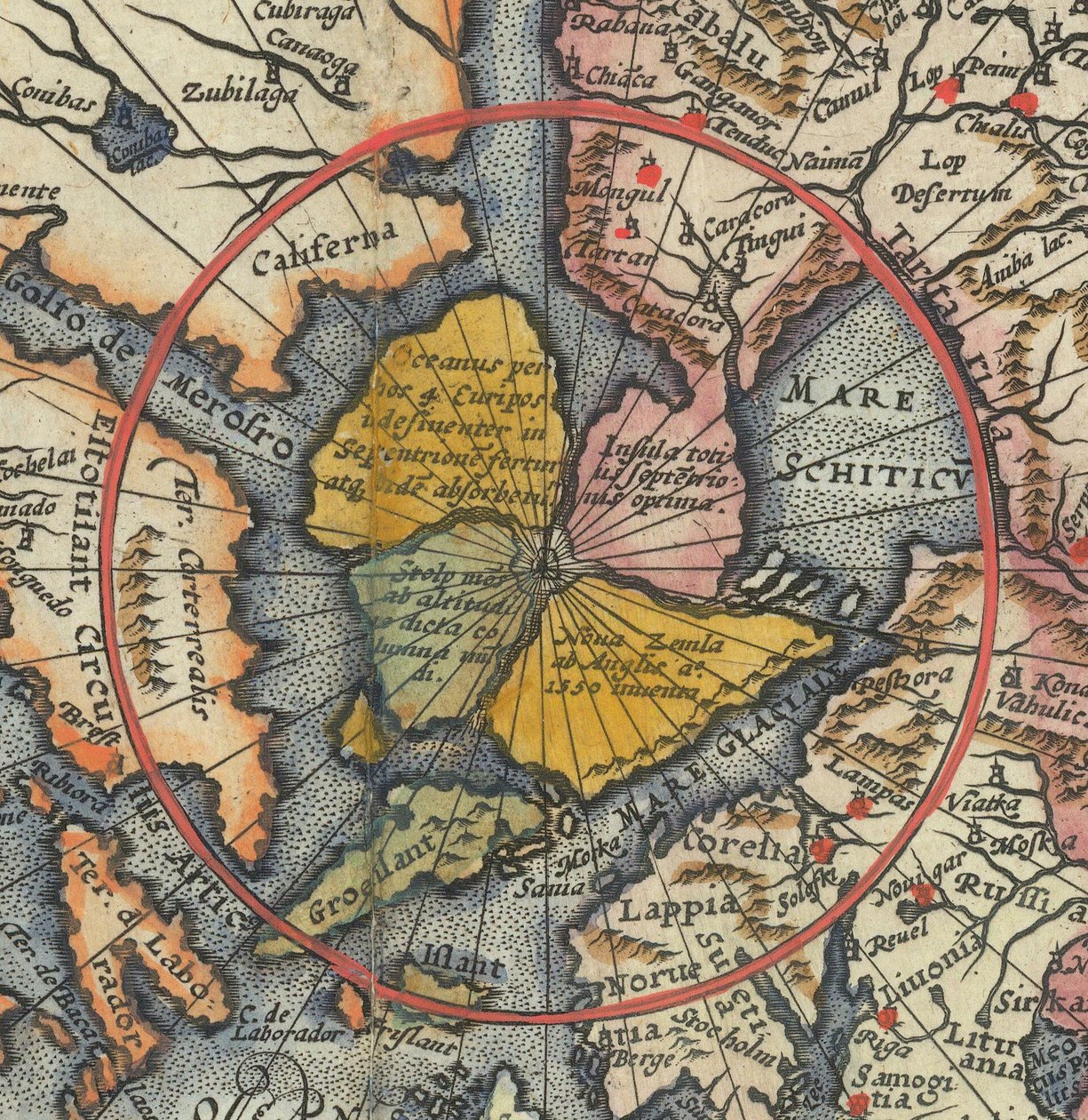 Detalj av världskarta - Arktis med magnetisk ö som Nordpolen av Cornelis de Jode