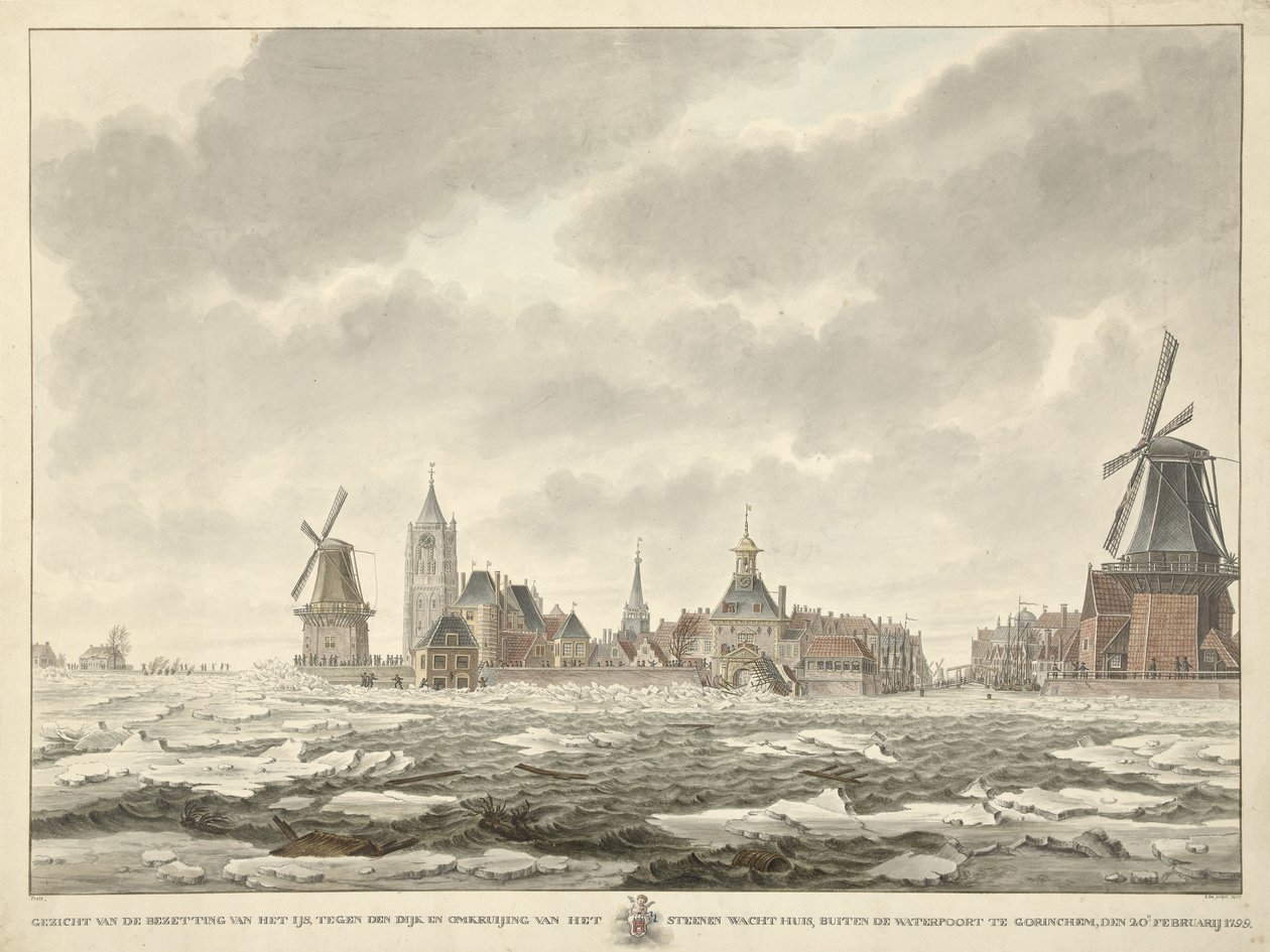 Utsikt över ockupationen av isen utanför Waterpoort i Gorinchem, den 20 februari 1799 av Cornelis de Jonker