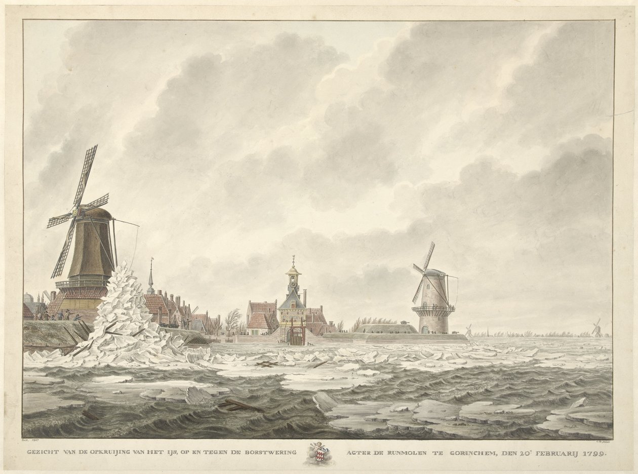 Utsikt över isens halvmåne, på och mot bröstvärnet bakom Runmolen i Gorinchem, den 20 februari 1799 av Cornelis de Jonker