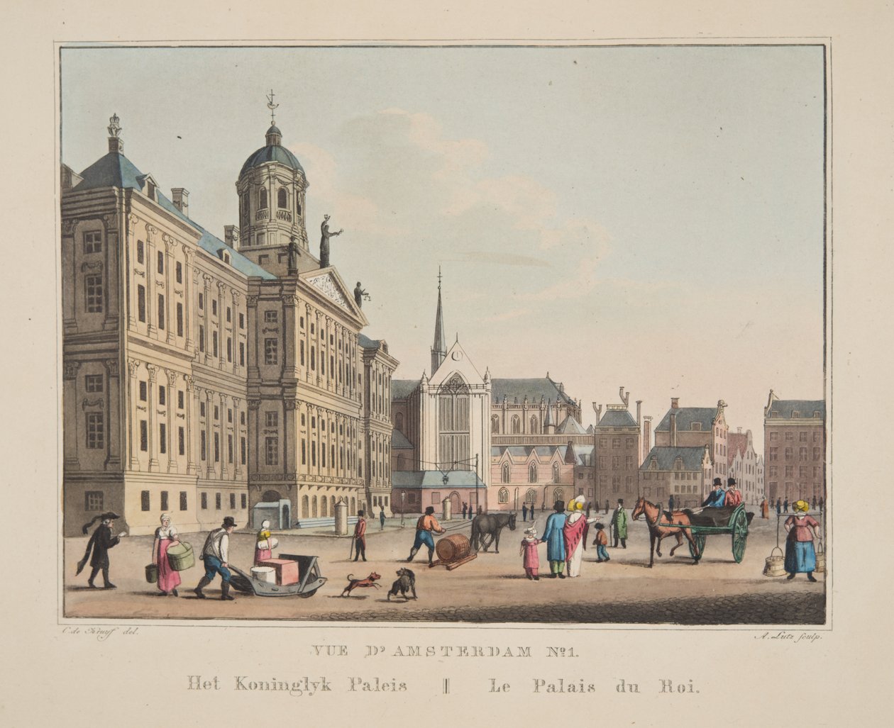 Utsikt över Amsterdam nr 1. Het Koninglyk Paleis. Kungens palats, 1825 (handkolorerat gravyr) av Cornelis de Kruyff