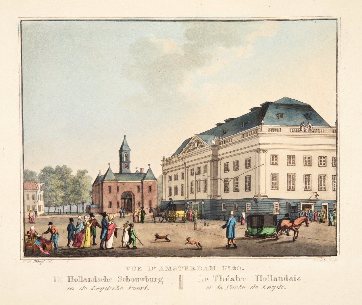 Utsikt över Amsterdam nr 20. De Hollandsche Schouwburg en de Leydsche Poort. Den holländska teatern och hamnen i Leyden, 1825 (handfärgad gravyr) av Cornelis de Kruyff