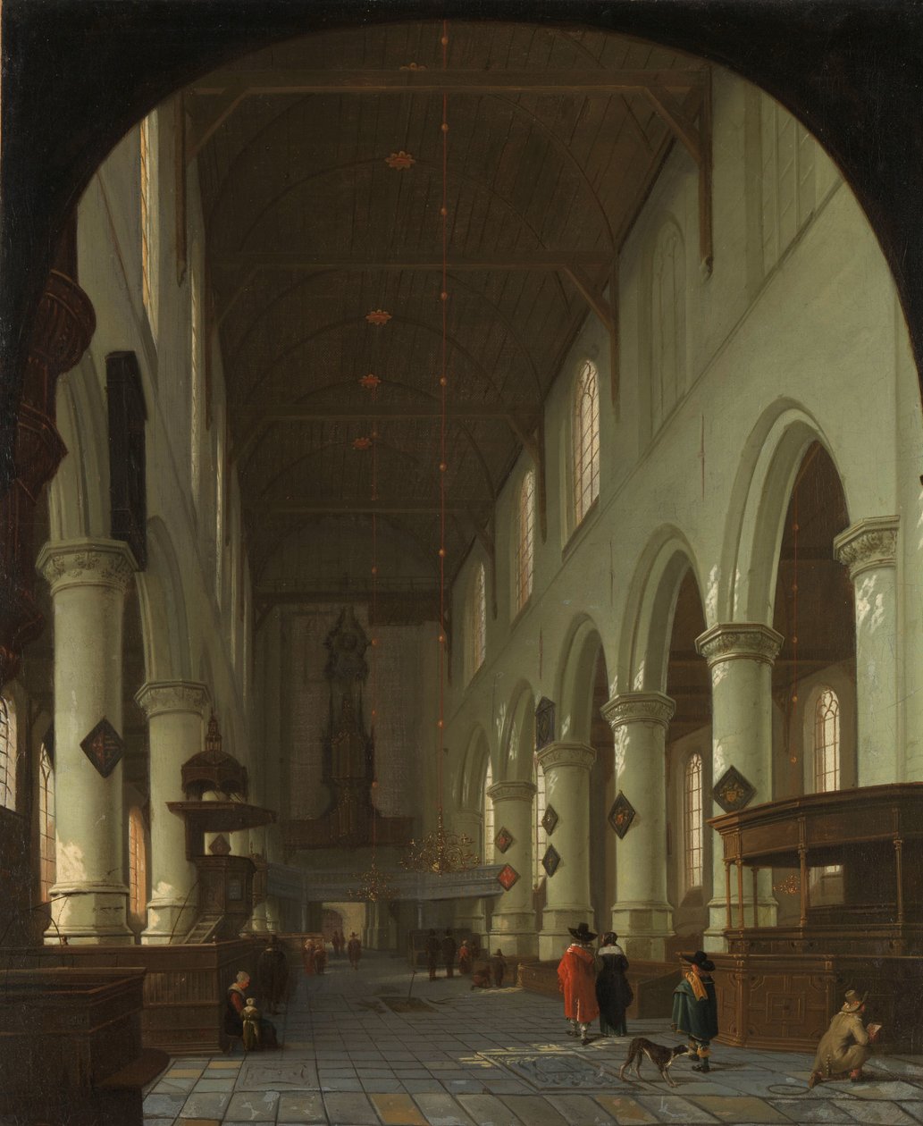 Interiör av Oude Kerk i Delft från kören mot portalen av Cornelis de Man (attributed to)