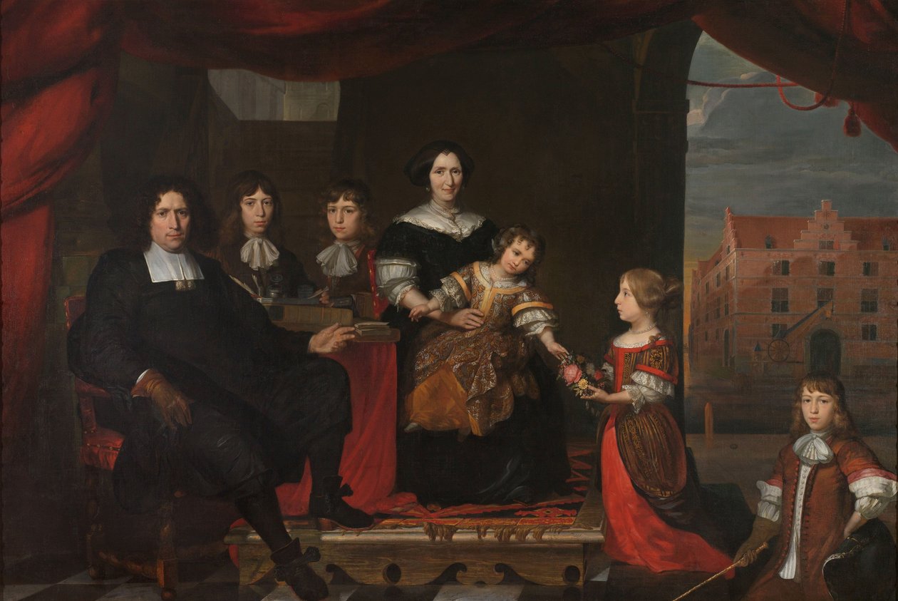 Reyer Reyersz van der Burch (1630-1695), ammunitionsofficer knuten till Generalstaternas Arsenal, Delft, med sin fru Geertruid Graswinckel och deras barn Frank, Cornelis, Reyer, Maria och Alida av Cornelis de Man (attributed to)