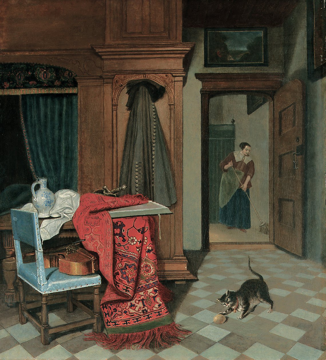 Interiör med en matta, ett svärd och en kanna på ett bord, en cello på en stol, en kappa som hänger i ett skåp, en katt som leker med en boll, en hembiträde bortom av Cornelis de Man