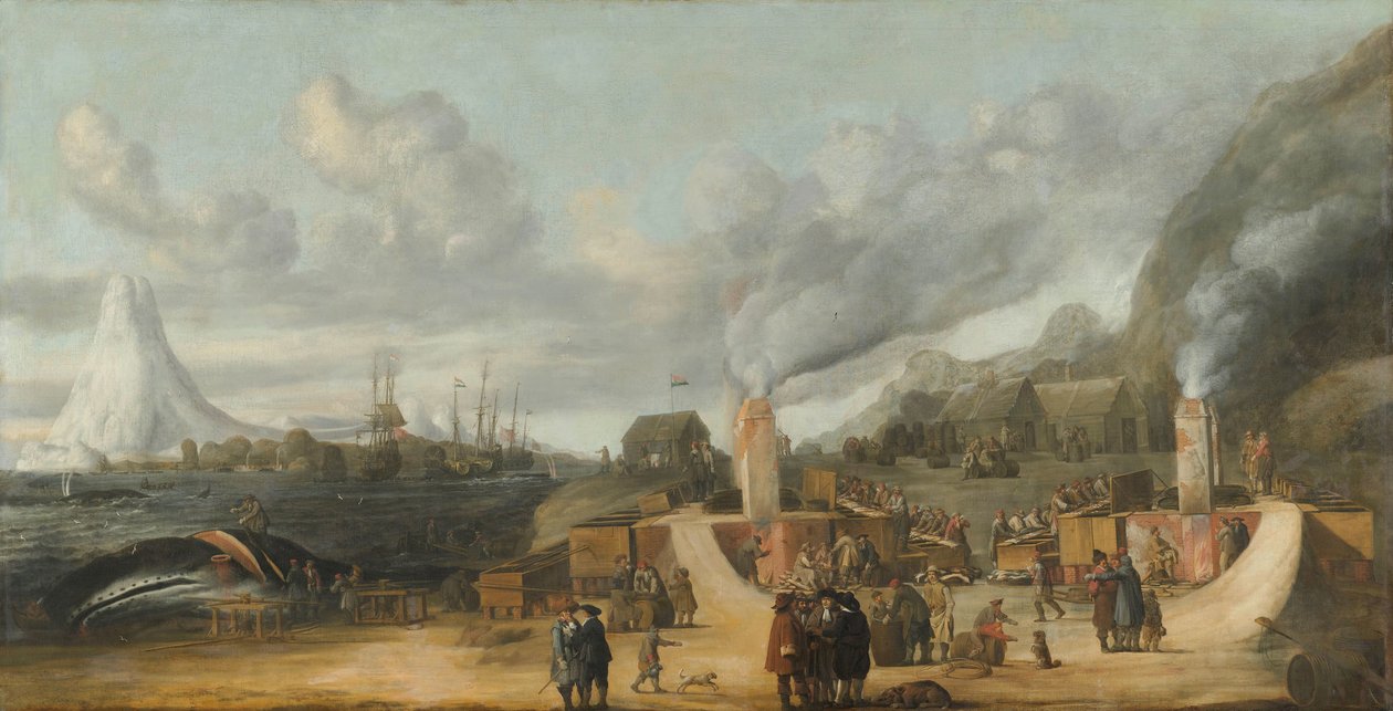 Valoljeraffinaderiet nära byn Smerenburg En valoljefabrik från Nordiska eller Grönlandskompaniet på Amsterdamön vid norra änden av Spetsbergen (Svalbard) av Cornelis de Man