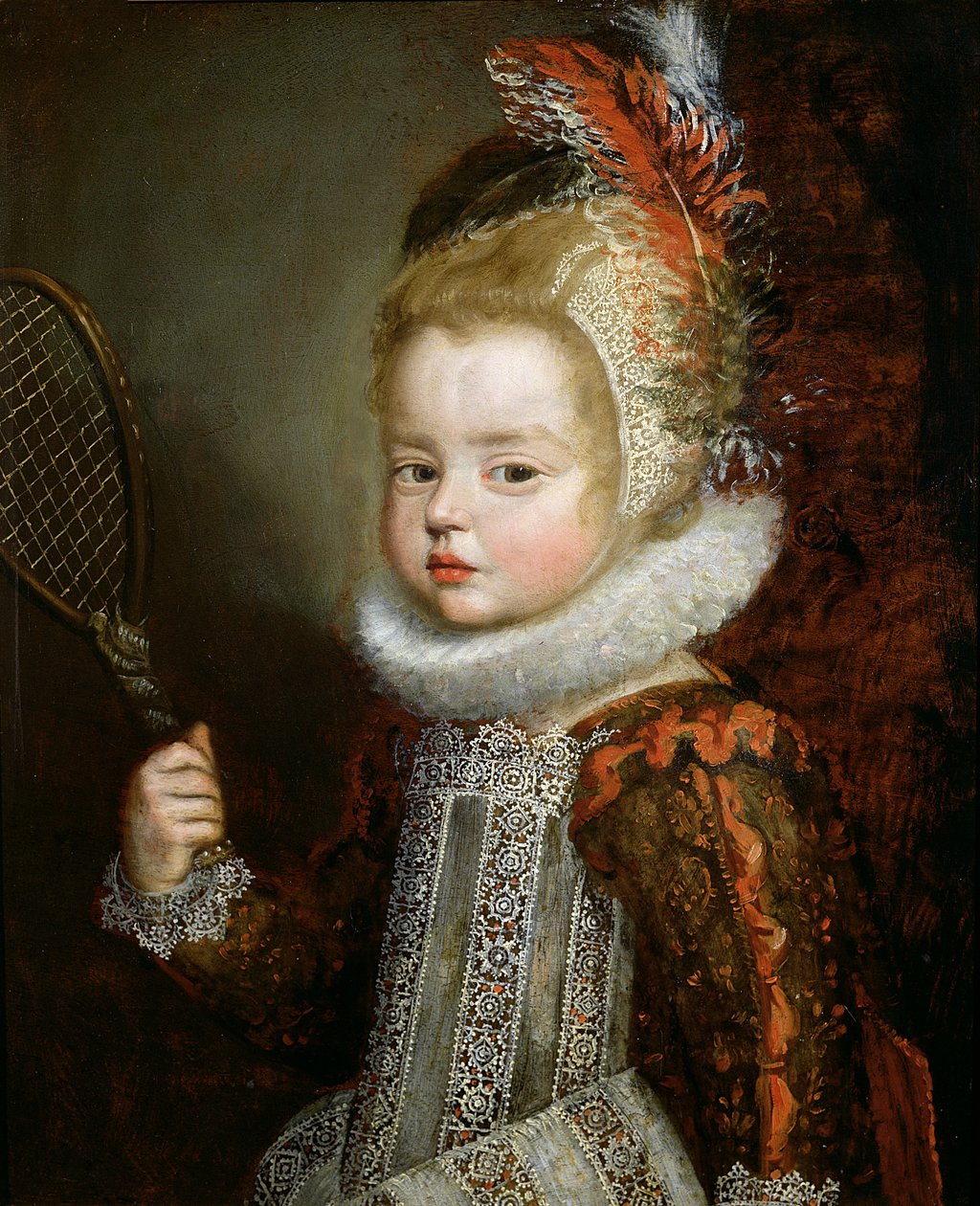 Ett porträtt av ett barn som håller ett racket (olja på panel) av Cornelis de Vos