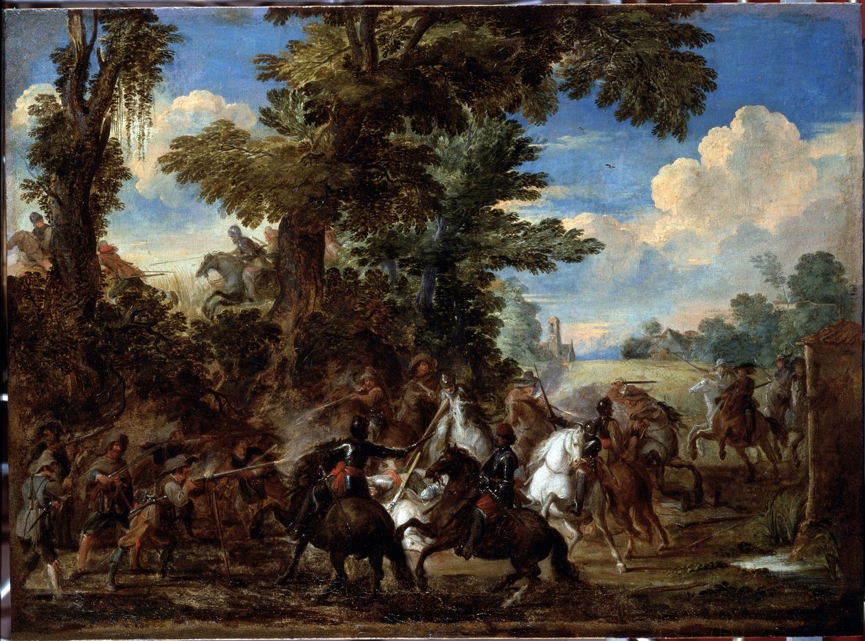 Stridsscen (Slagscen) Målning av Cornelis De Wael (1592-1667) (ec flam) Dim 75x100 cm Genes, Musei di Strada Nuova (tidigare Palazzo Bianco) av Cornelis de Wael