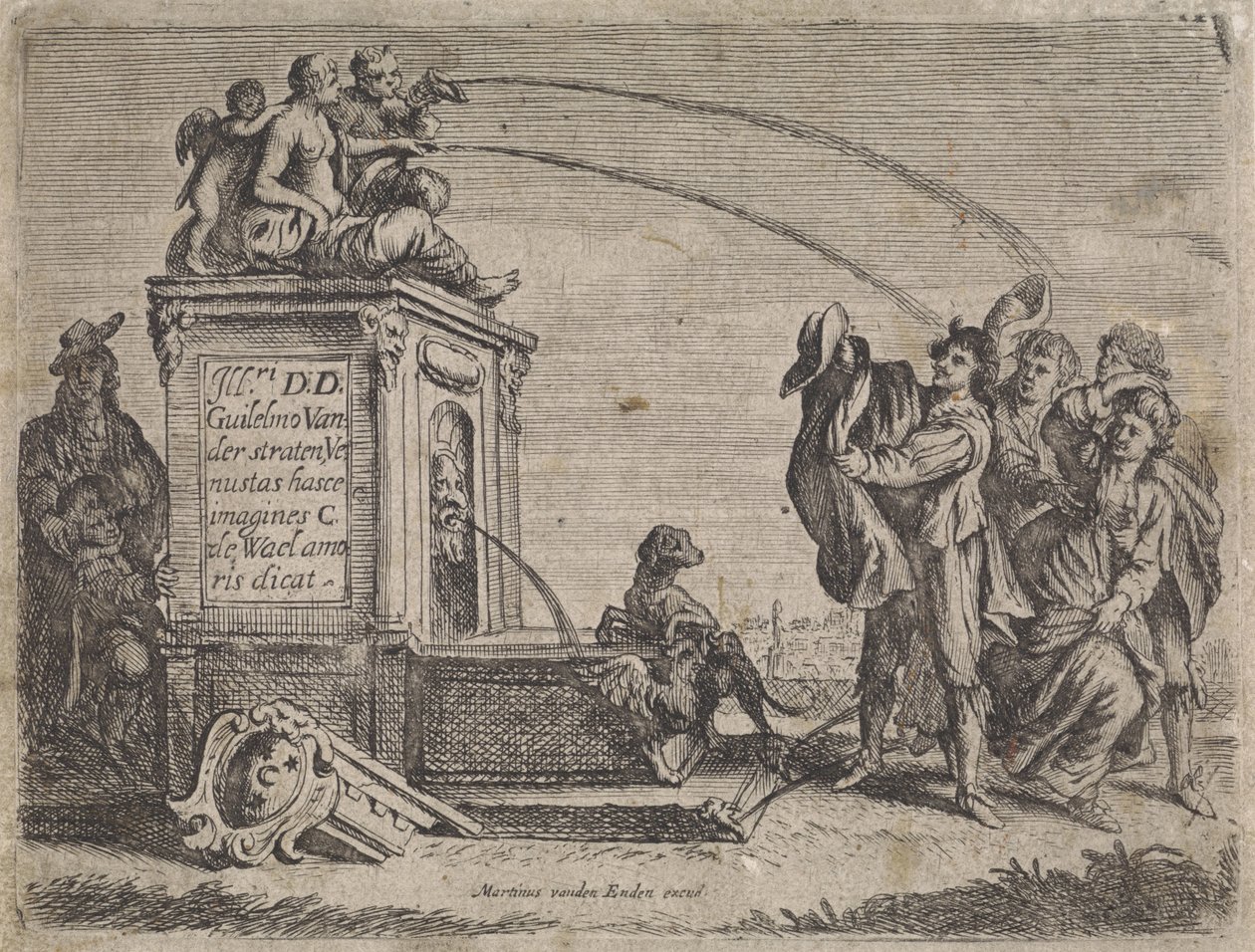 Grupp människor vid fontänen Genrescener (serietitel) av Cornelis de Wael