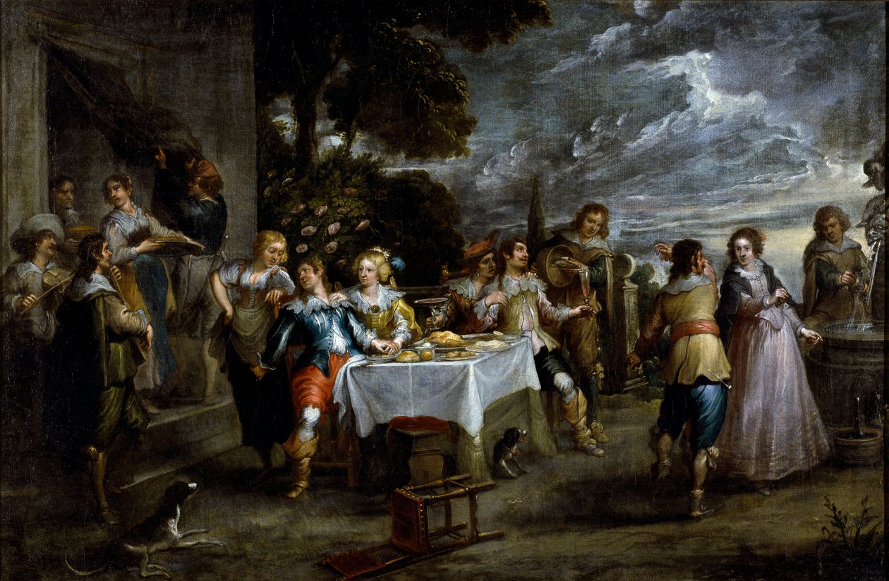 Historien om den förlorade sonen: försvinnande. Målning av Cornelis De Wael (1592-1667), cirka 1630-1639. flamländsk konst. Olja på duk. Mått: 57x86cm. Gener, Privee Collection. av Cornelis de Wael