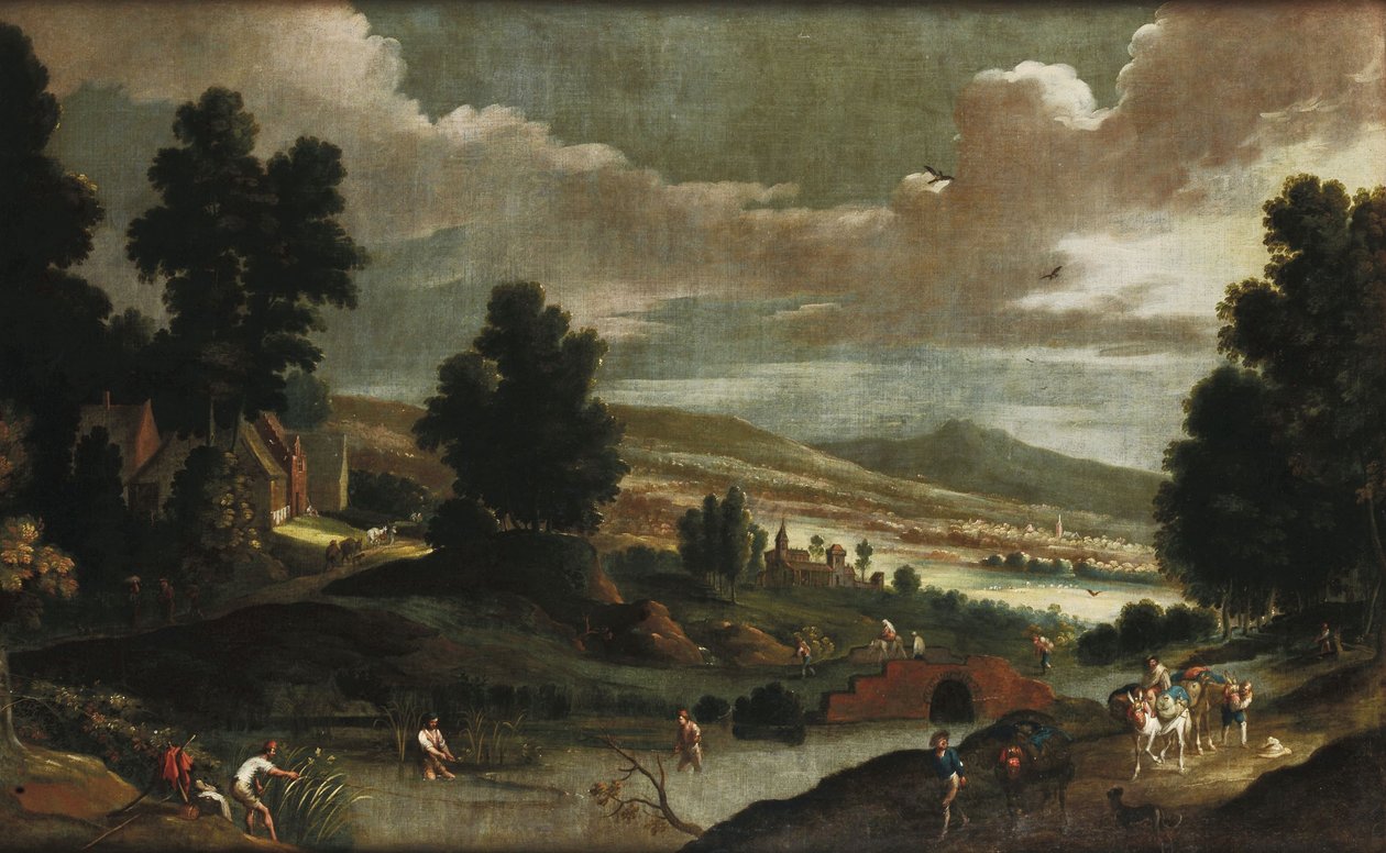 Landskap med vägfarare och fiskare av Cornelis de Wael
