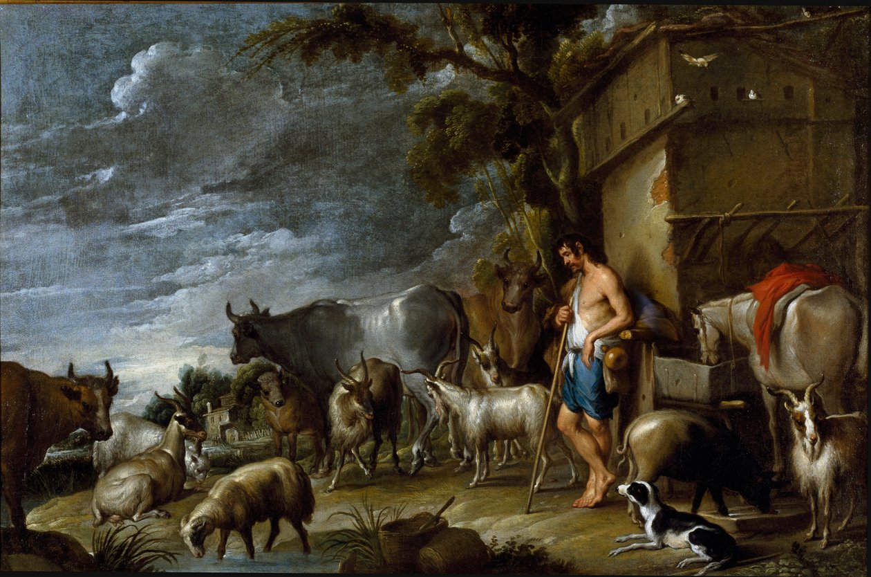 Målning av Cornelis De Wael (1592-1667), cirka 1630-1639. flamländsk konst. Berättelsen om den förlorade sonen: grisarnas vakt. Flockskötare med gris, belier, get, ko, get, häst, hund och får. Olja på duk. Mått: 57x86cm. Privat samling, Genes av Cornelis de Wael