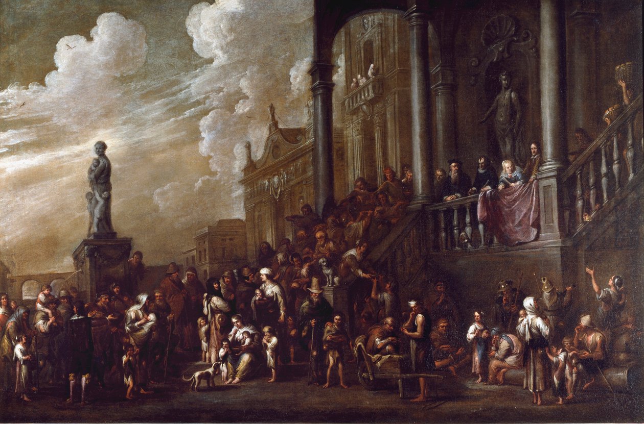 De sju verken av kroppslig misericorde: "" ge mat åt de hungriga"" Målning av Cornelis De Wael (1592-1667) (ec.flam) Gener, samling Banco di Chiavari av Cornelis de Wael