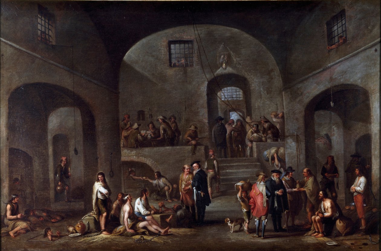 De sju verken av korpral misericorde: "" fångarnas besök"" Målning av Cornelis De Wael (1592-1667) (ec.flam) Gener, samling Banco di Chiavari av Cornelis de Wael