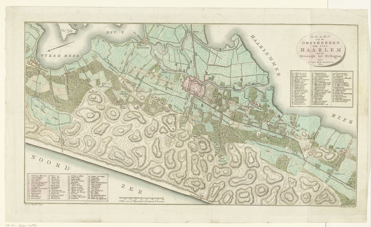 Karta över Haarlem med omnejd Karta över omgivningarna i staden Haarlem från Beverwijk till Hillegom (titel på objekt) av Cornelis van Baarsel