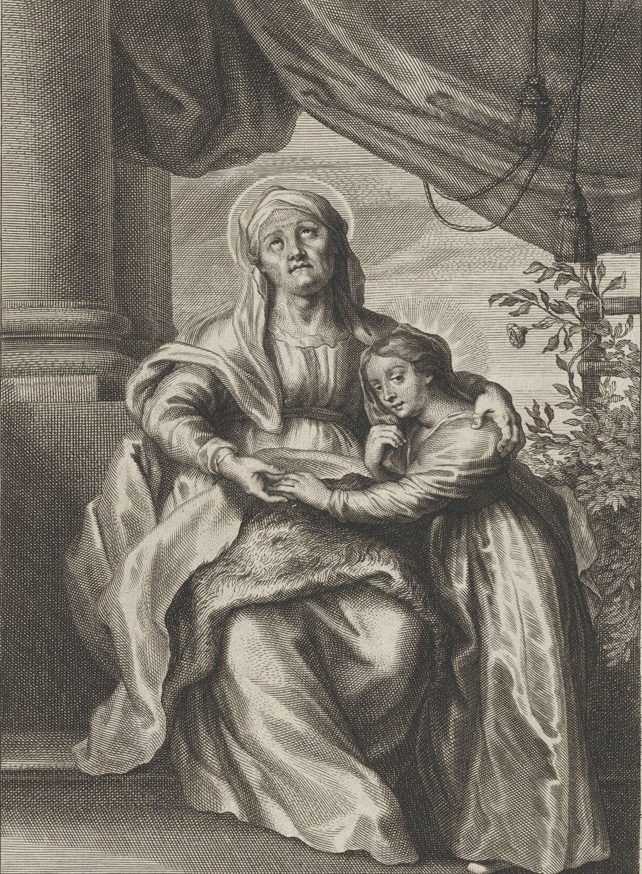 Jungfruns utbildning, med Saint Anne sittande på en bänk och tittar uppåt och ..., ca. 1645-78. av Cornelis van Caukercken