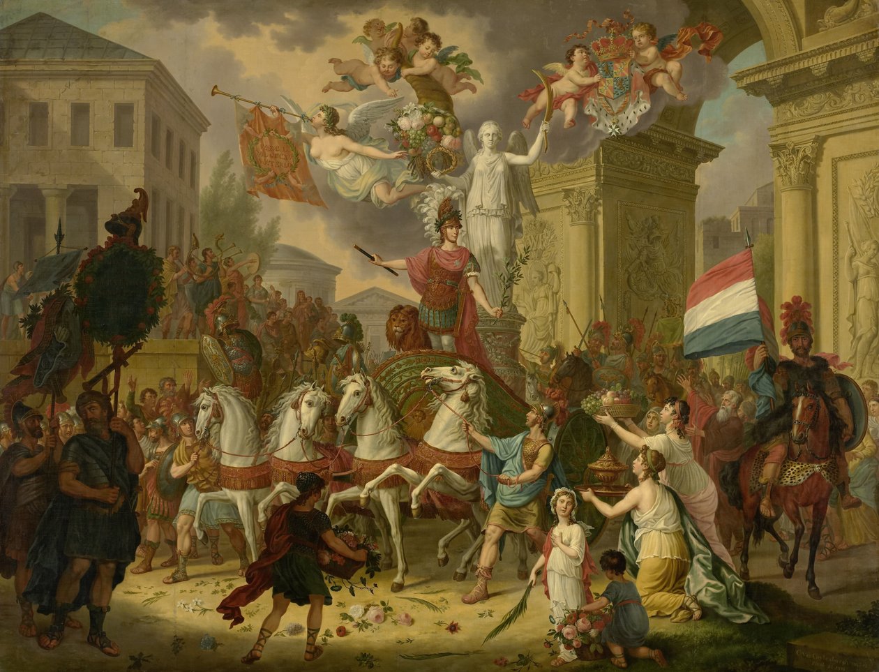 Allegori om triumftåget av prinsen av Orange, den blivande kungen Willem II, som hjälten från Waterloo, 1815 av Cornelis van Cuylenburgh (II) (signed by artist)