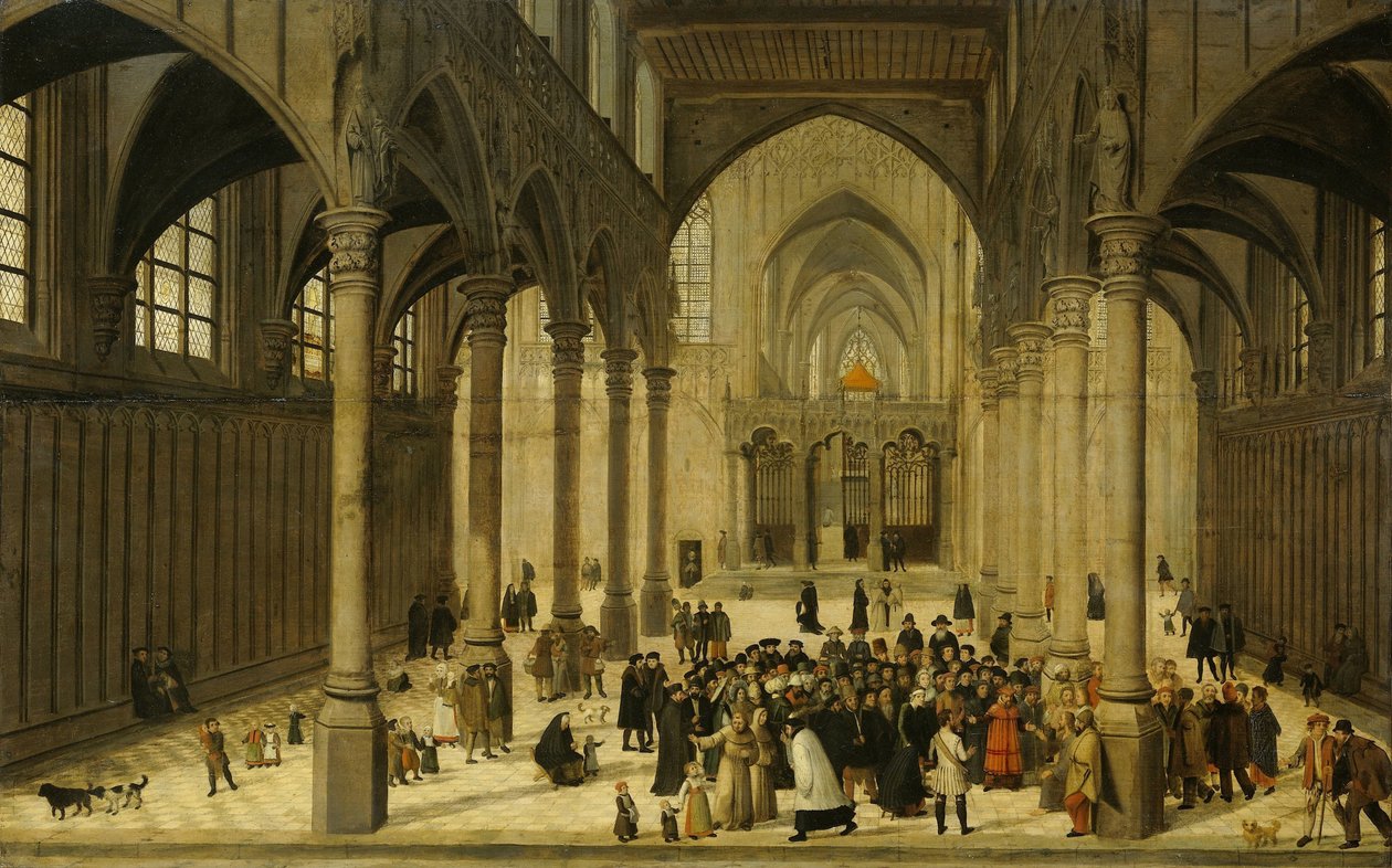 Kyrkans inre med Kristus som predikar för en församling av Cornelis van Dalem (attributed to)