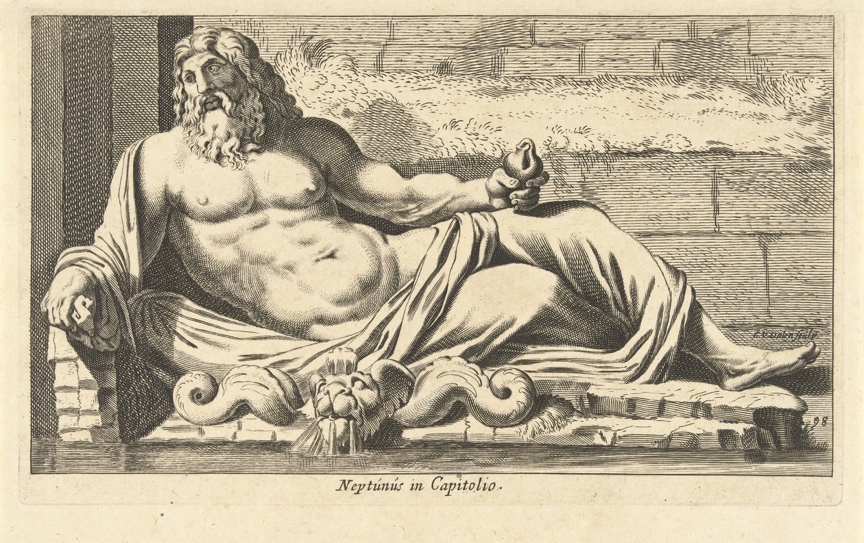 Staty av Neptunus vid fontänen på Capitolium i Rom Neptunus i Capitolio (titel på objekt) Eigenlyke-bilder av hundra av de mest kända statyerna eller antika statyerna som står i Rom (serietitel) av Cornelis van Dalen (I)