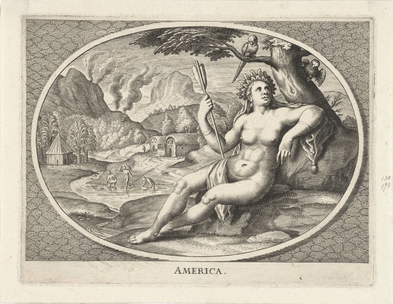 Kvinnlig personifiering av Amerika som en kvinna med en huvudbonad av fjädrar och en pil i ett landskap Amerika (titel på objekt) av Cornelis van Dalen (II)