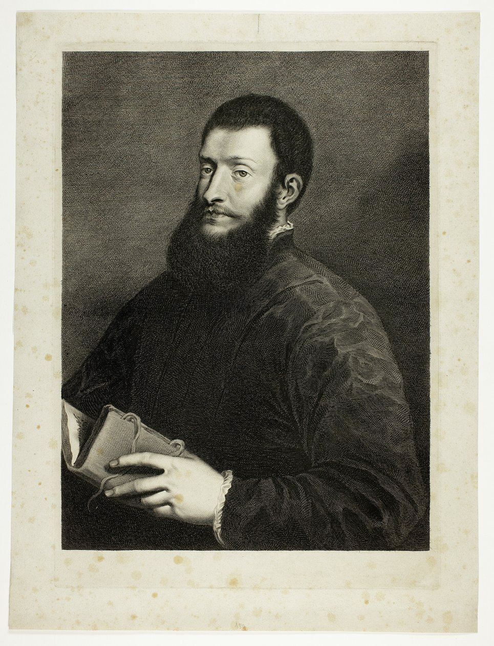 Porträtt av poeten Pietro Aretino, från Cabinet Reynst; Variarum imaginum a celeberrimis artificibus pictarum Caelaturae (Cabinet Reynst: Gravyrer av olika bilder målade av berömda konstnärer) av Cornelis van Dalen II