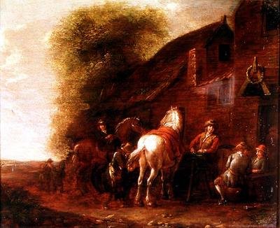 Ryttare utanför ett värdshus i en by av Cornelis van Essen