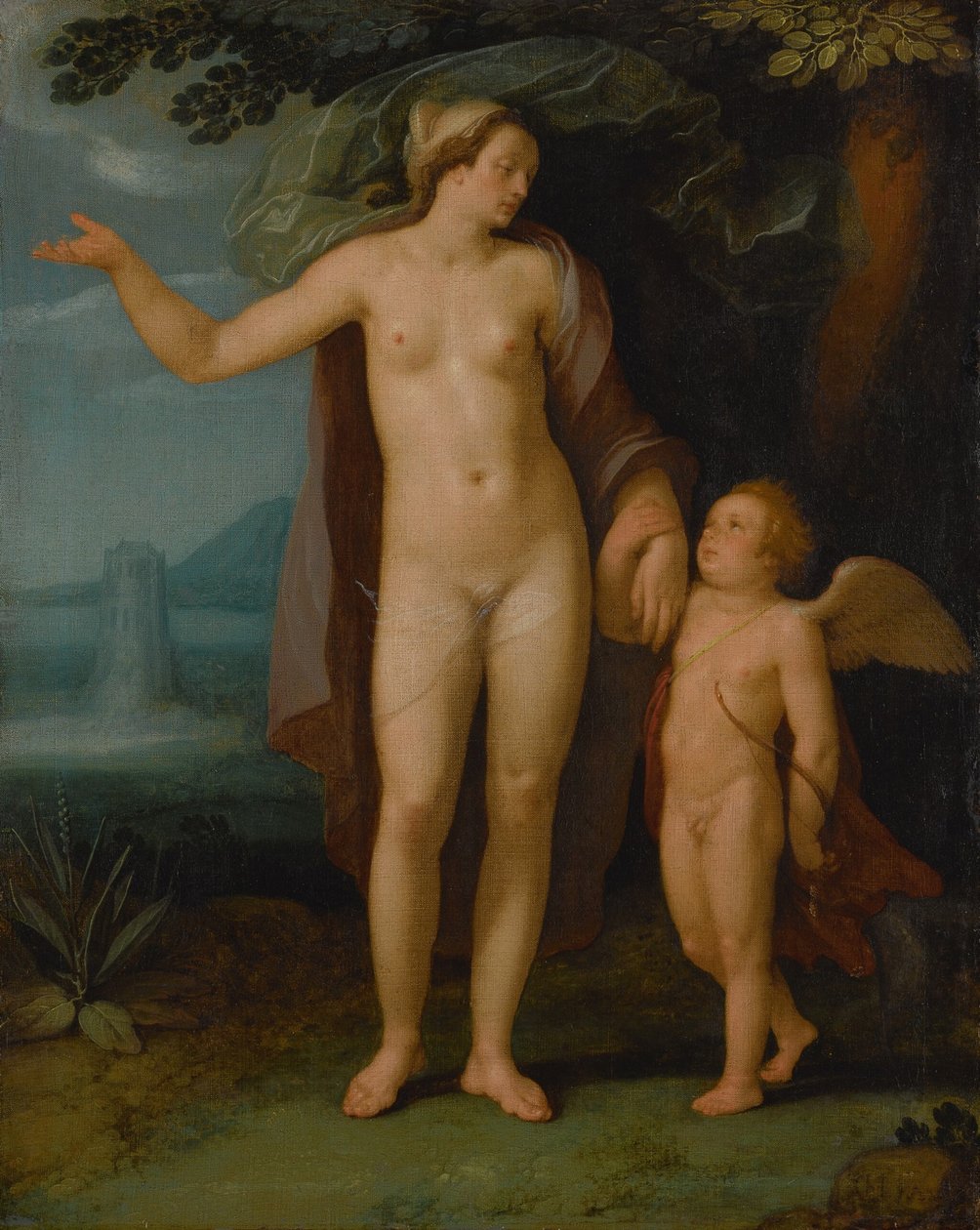 Holländska: Venus en Cupido Venus och Cupido i ett landskap av Cornelis van Haarlem