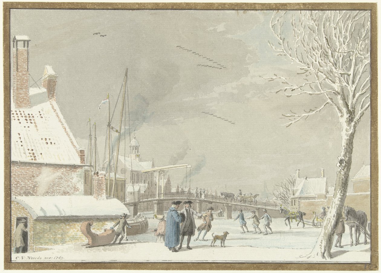 Frusen stadskanal med skridskoåkare av Cornelis van Noorde