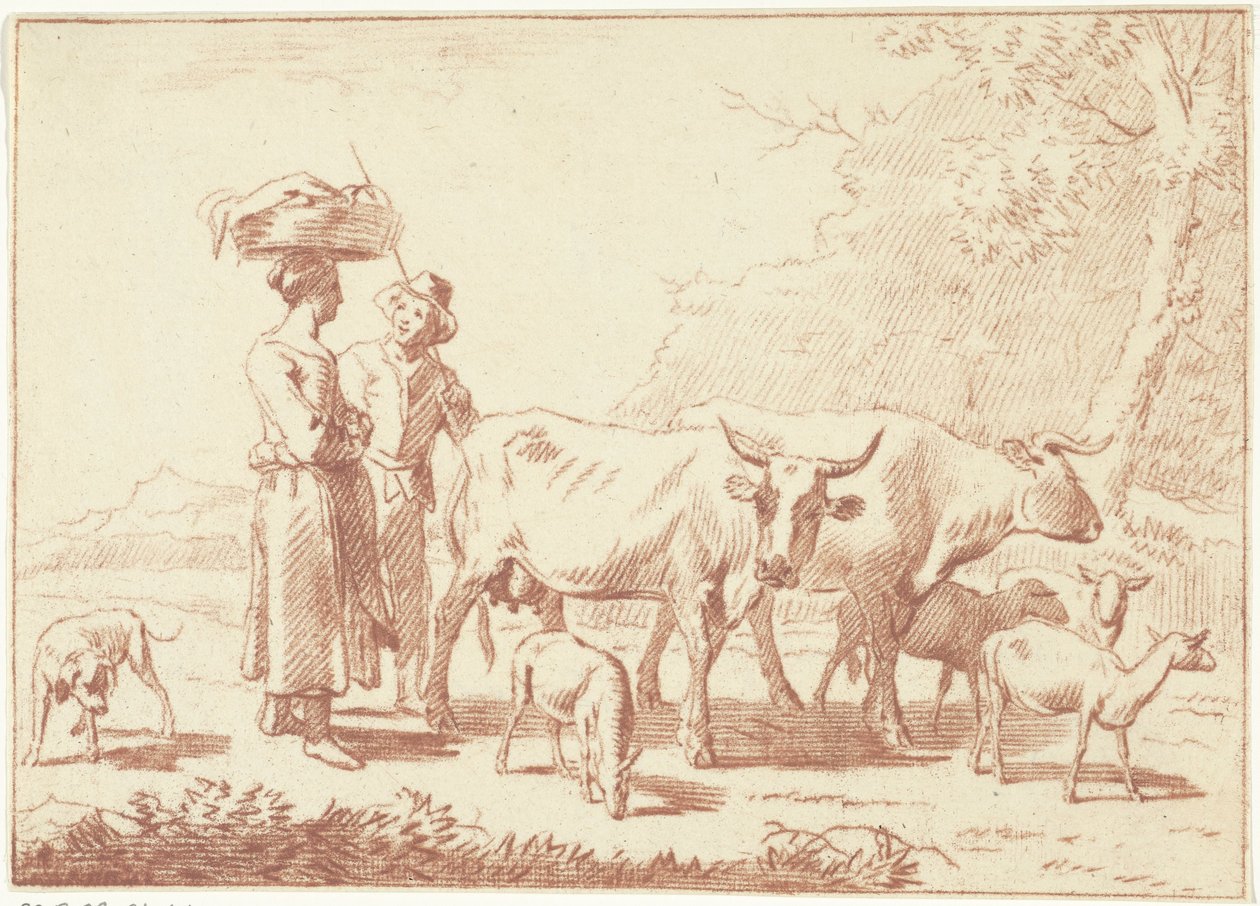 Herde och en kvinna med kor och får av Cornelis van Noorde