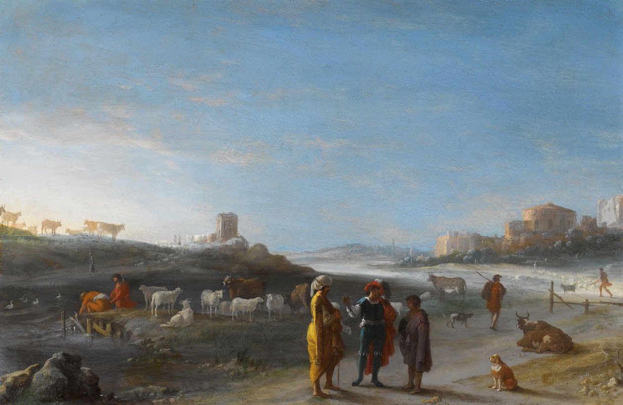 Ett italienskt landskap med ett oidentifierat ämne från Gamla testamentet av Cornelis van Poelenburch