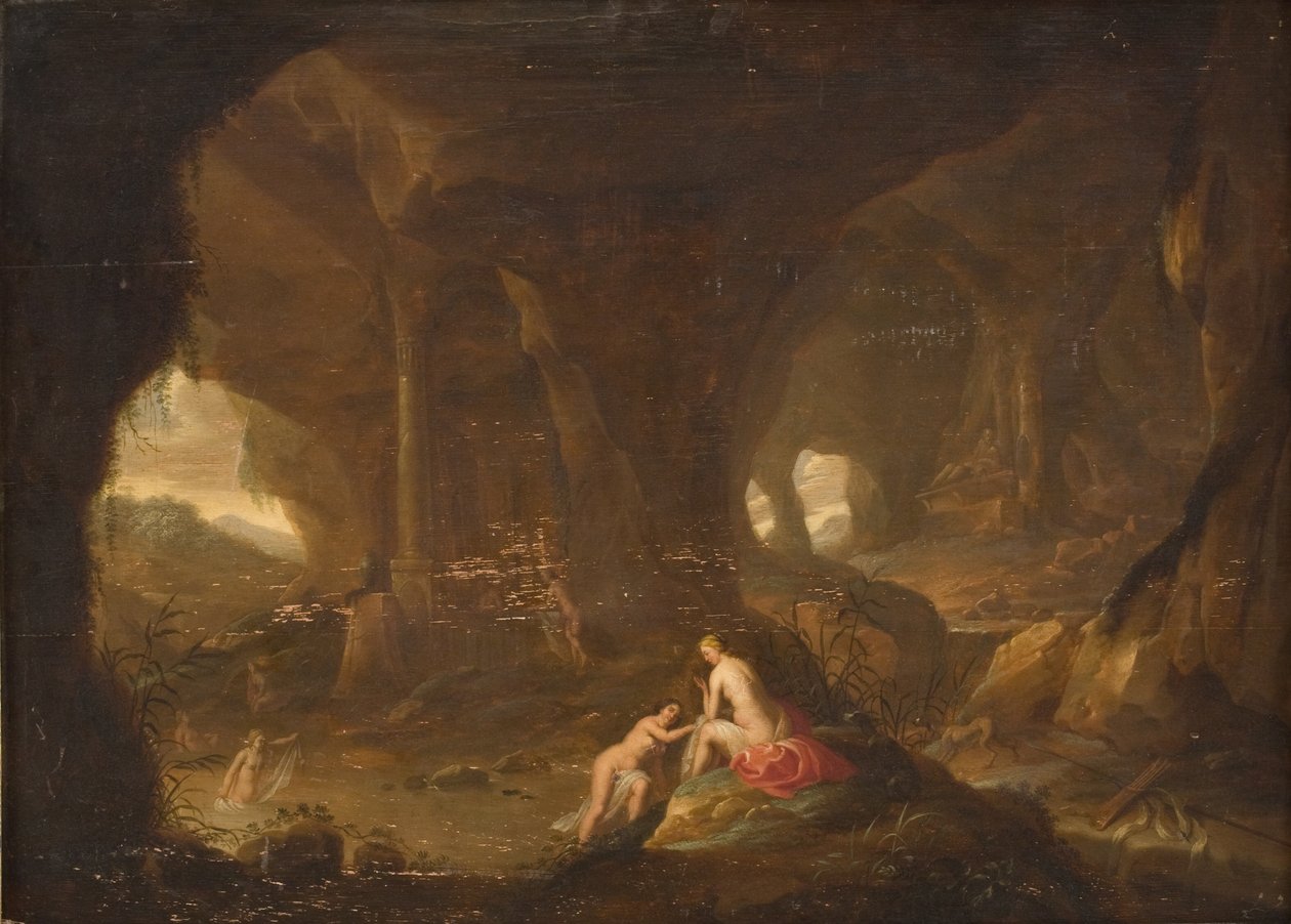 Badande nymfer i ett landskap av Cornelis van Poelenburch