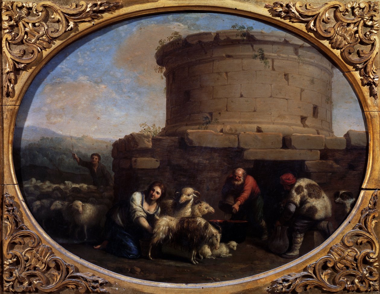 Herdar, flockar och bönder vid en fontän i Rom (olja på duk) av Cornelis van Poelenburgh