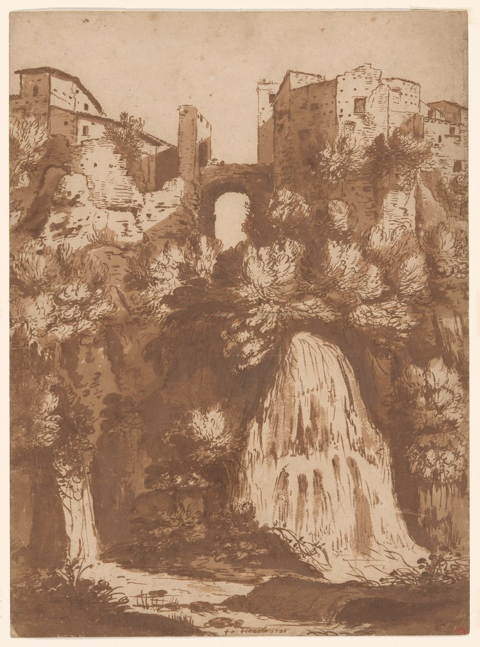 Vy över Tivoli med bron över Anio-vattenfallet av Cornelis van Poelenburgh