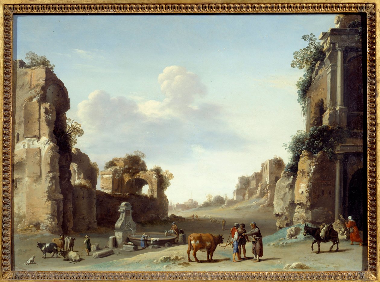Fantastisk utsikt över Campo Vaccino i Rom med två åsnor Målning av Cornelis van Pelenburgh (1596-1667) av Cornelis van Poelenburgh or Poelenburch