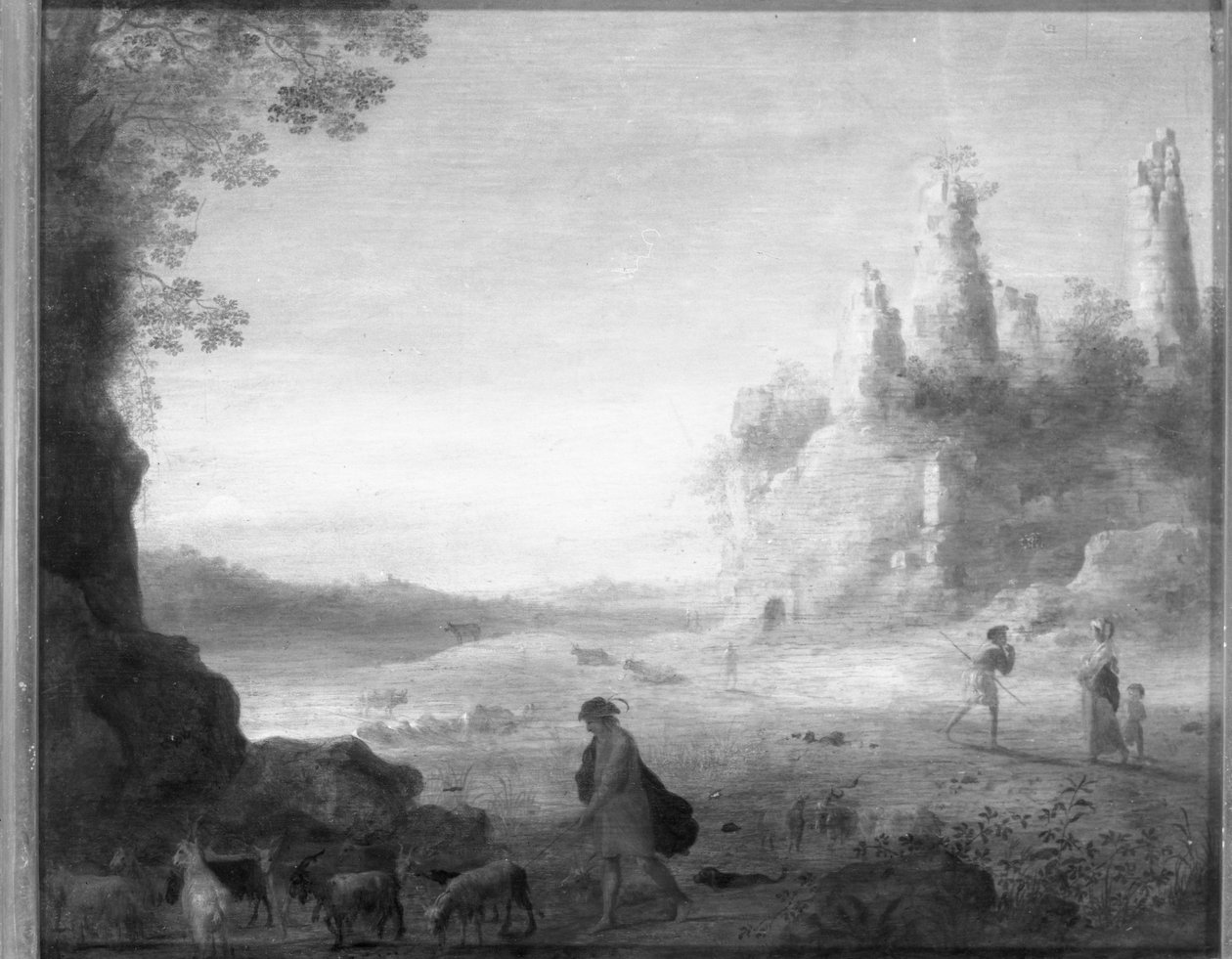 Italienskt landskap med Diana och Callisto med en getherde nära ett slottsruin av Cornelis van Poelenburgh or Poelenburch