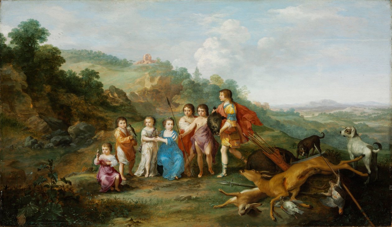 Vinterkungens sju barn - Målning av Cornelis van Poelenburgh (1594 eller 1595-1667), olja på trä (37,9x65,3 cm) av Cornelis van Poelenburgh or Poelenburch