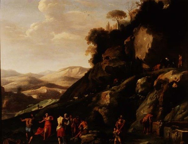 Bönder som dansar i ett landskap av Cornelis van Poelenburgh or Poelenburch