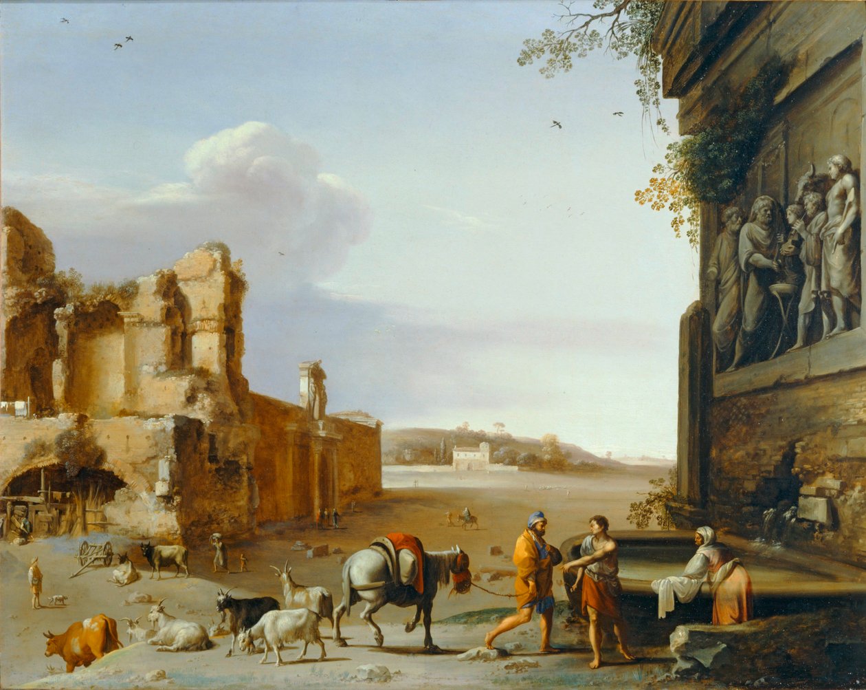 Ruinerna av det antika Rom med en basrelief som föreställer Marcus Aurelius offer ... av Cornelis van Poelenburgh or Poelenburch