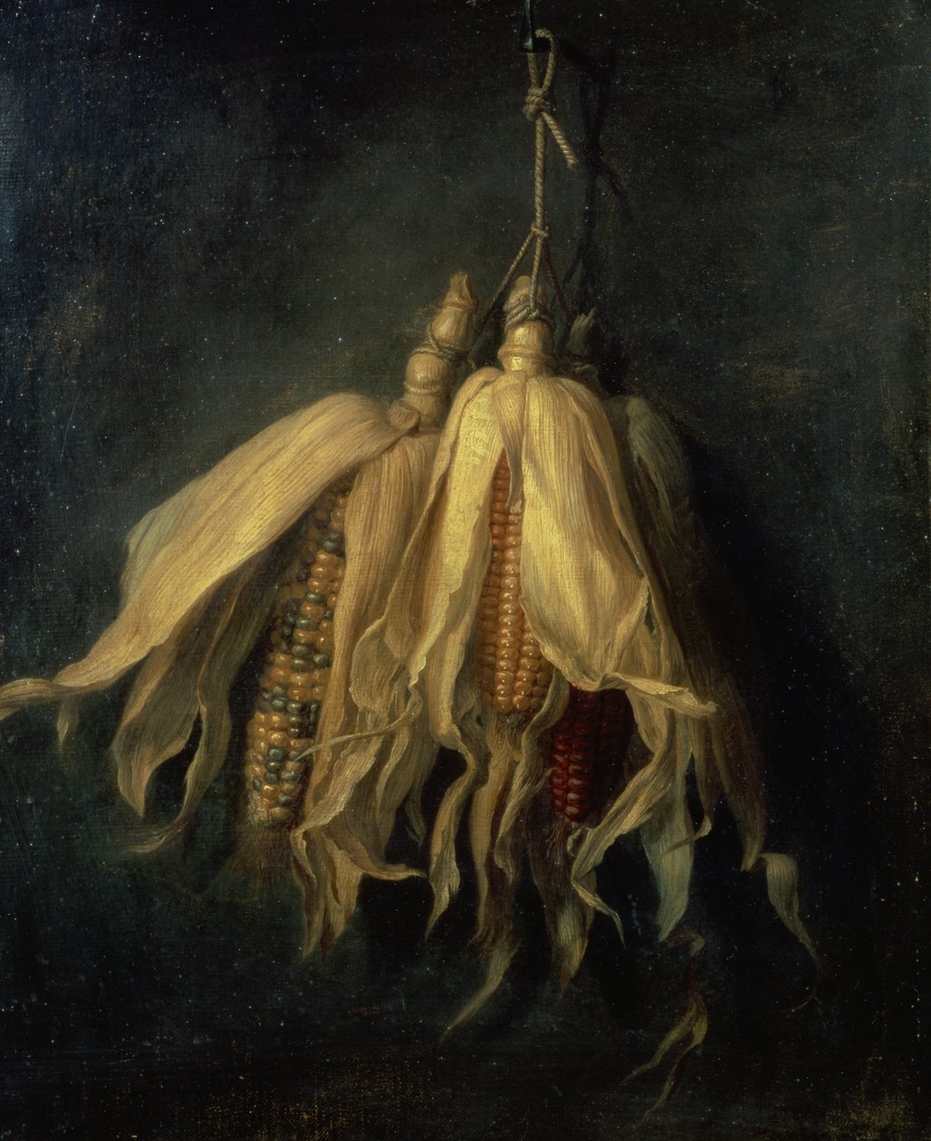 Tre majskolvar som hänger från en spik (olja på duk) av Cornelis van Spaendonck