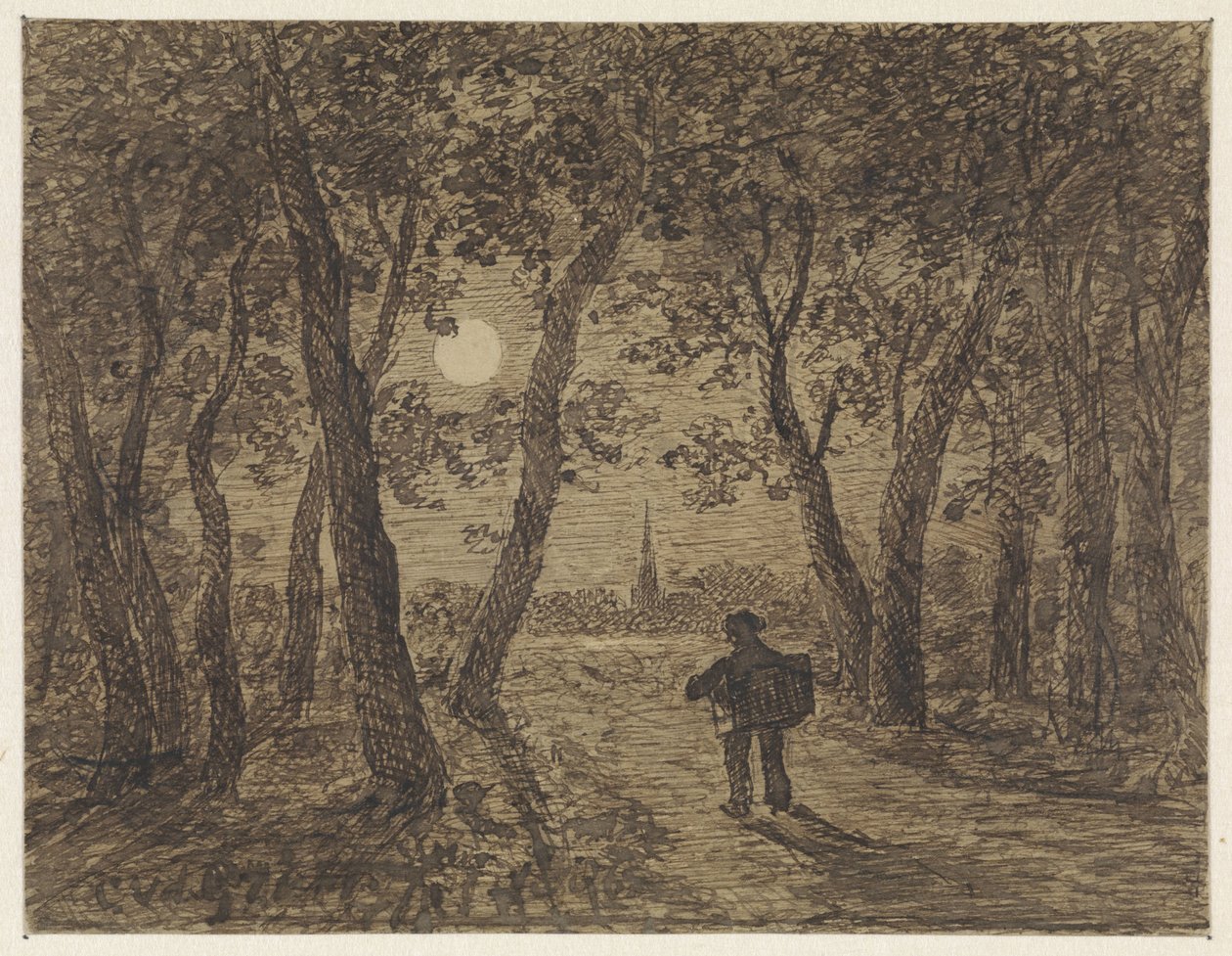 Man går ut ur en skog i månsken av Cornelis van der Griendt