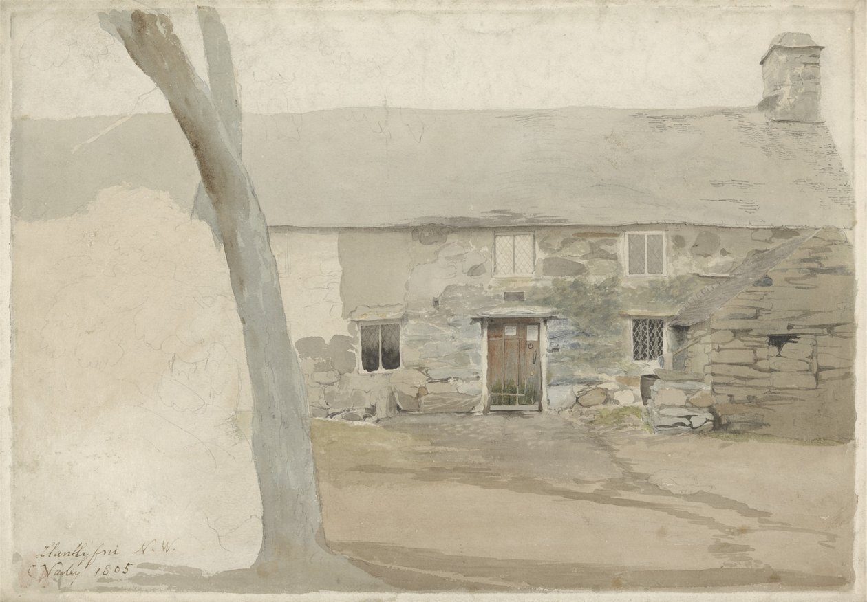 Stugor vid Llanllyfni, norra Wales, 1805 (wc över grafit på papper) av Cornelius Varley