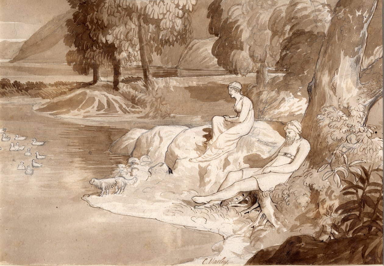 Illustration til The Lady of the Lake, 1811 (pen & blæk, vask og blyant på papir) av Cornelius Varley