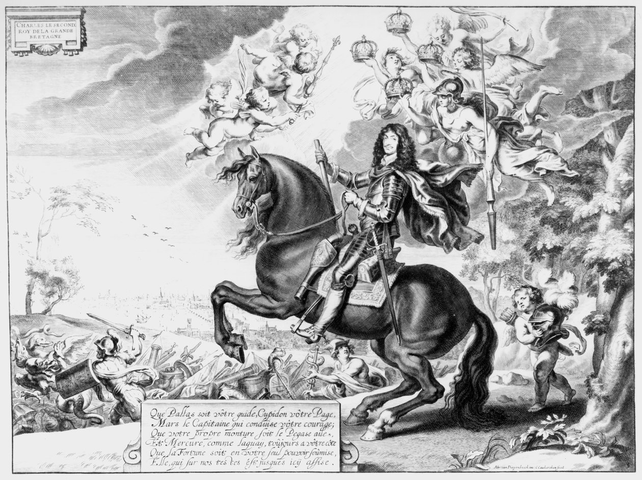 Rytterportræt af Charles II (1630-85) med guder swed av Cornelius van Caukercken
