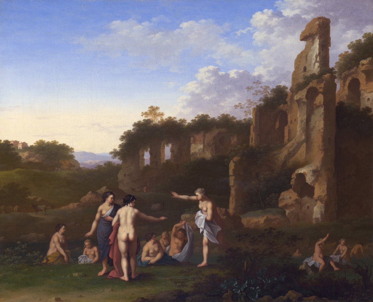 Kvinnor som badar i ett landskap av Cornelis van Poelenburgh or Poelenburch