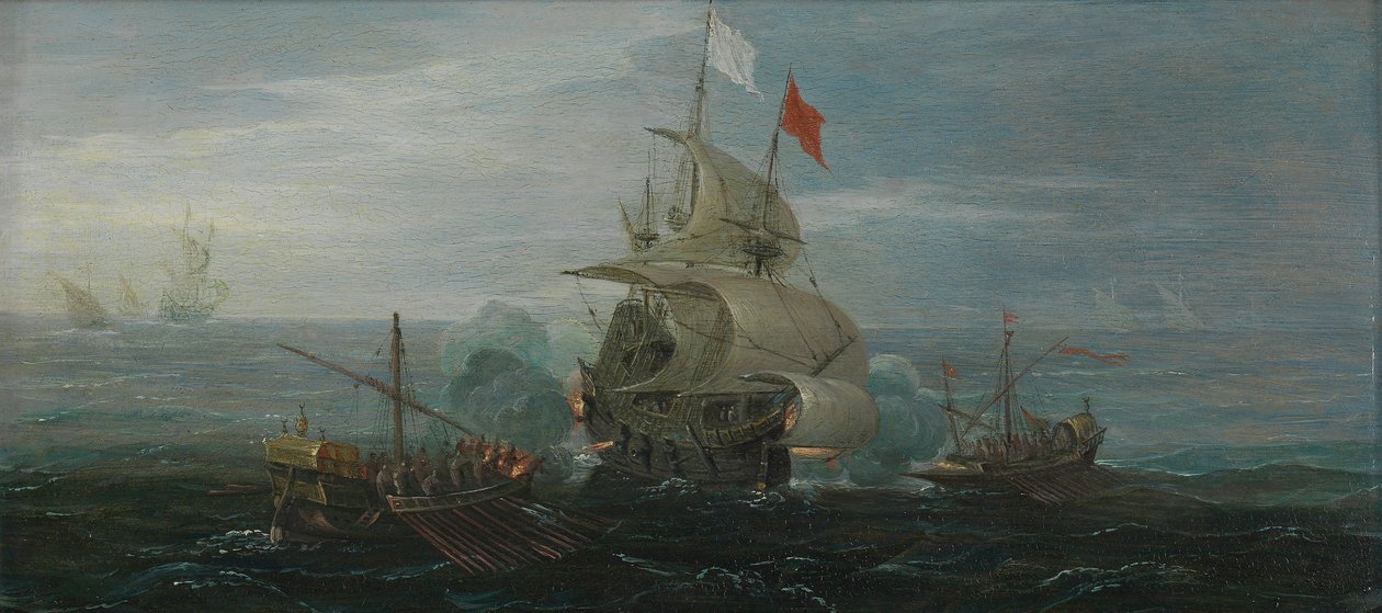 Ett franskt skepp och barbariepirater, ca 1615 (olja på ekpanel) av Cornelius Bol