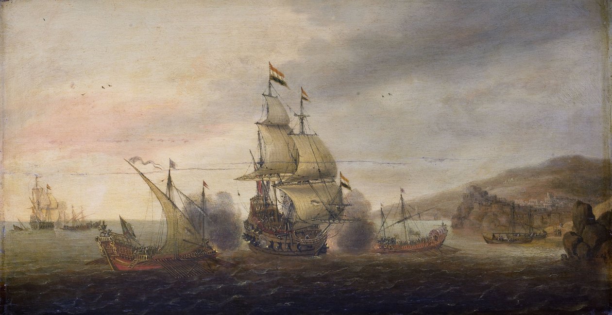 Sjöstrid mellan holländska krigsmän och spanska galärer, c.1633-50 av Cornelius Bol