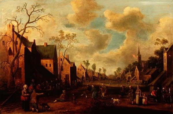 Bönder glada på en bygata av Cornelius Droochsloot