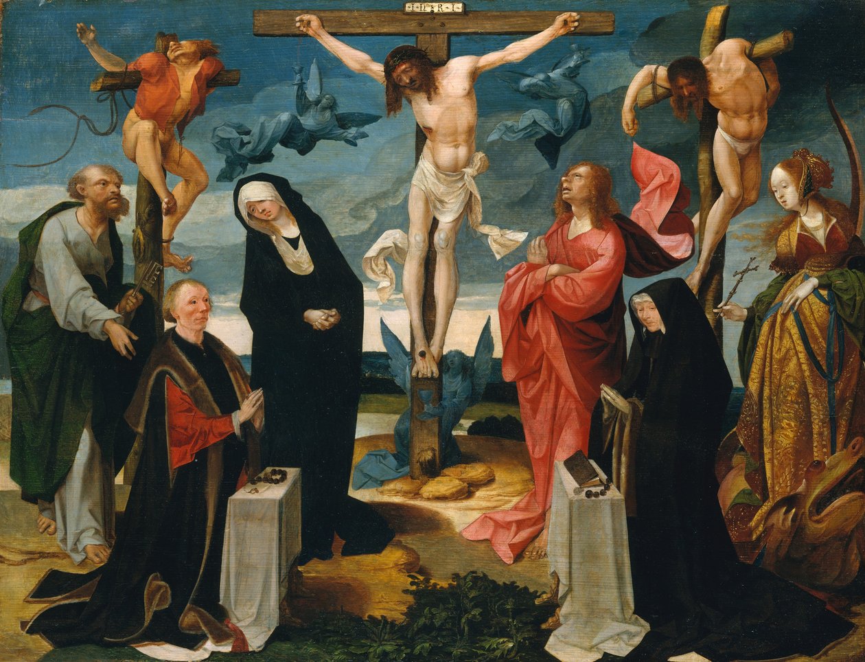 Korsfästelsen med givare och heliga Peter och Margareta, ca. 1525-27. av Cornelius Engebrechtsz